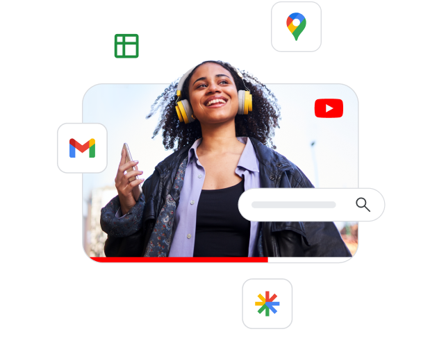 An earphone video ad surrounded by various Google product icons to represent the reach of Performance Max.